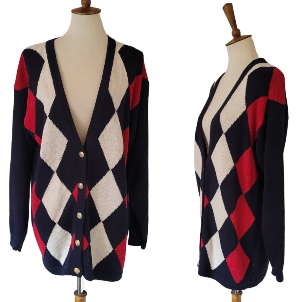 90's Casual Corner Navy Red Cream Argyle Ramie Cotton Cardigan - Picture 2 of 7